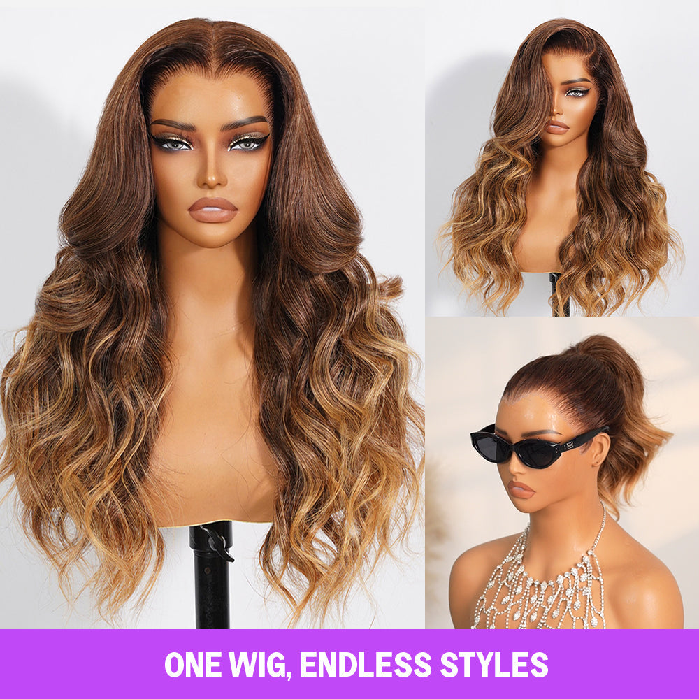 nafayah Airtouch Balayage 13x6 Three-Go™ Perruques Frontales En Dentelle Sans Colle Pull Go Ombre Brune à Blond Miel Ondes Corporelles Pré-All Perruques