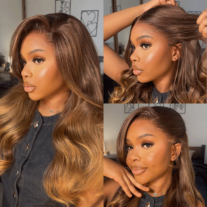 nafayah Airtouch Balayage 13x6 Three-Go™ Perruques Frontales En Dentelle Sans Colle Pull Go Ombre Brune à Blond Miel Ondes Corporelles Pré-All Perruques
