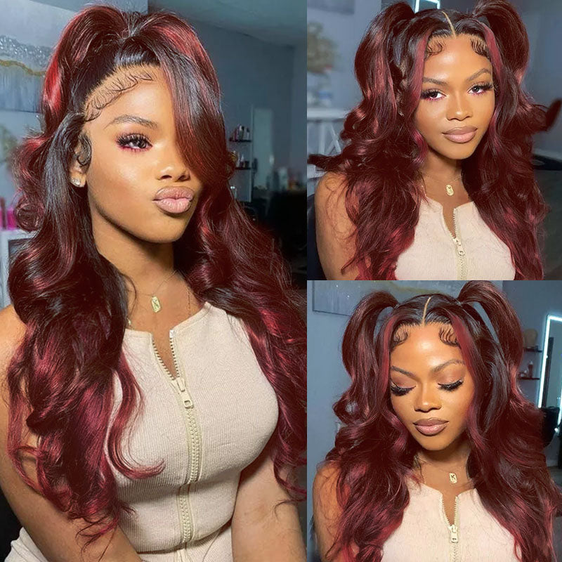 Megalook 13x4 Pré-tout Sans colle Rouge Balayage Vague de corps lâche Nœuds invisibles Bonnet respirant
