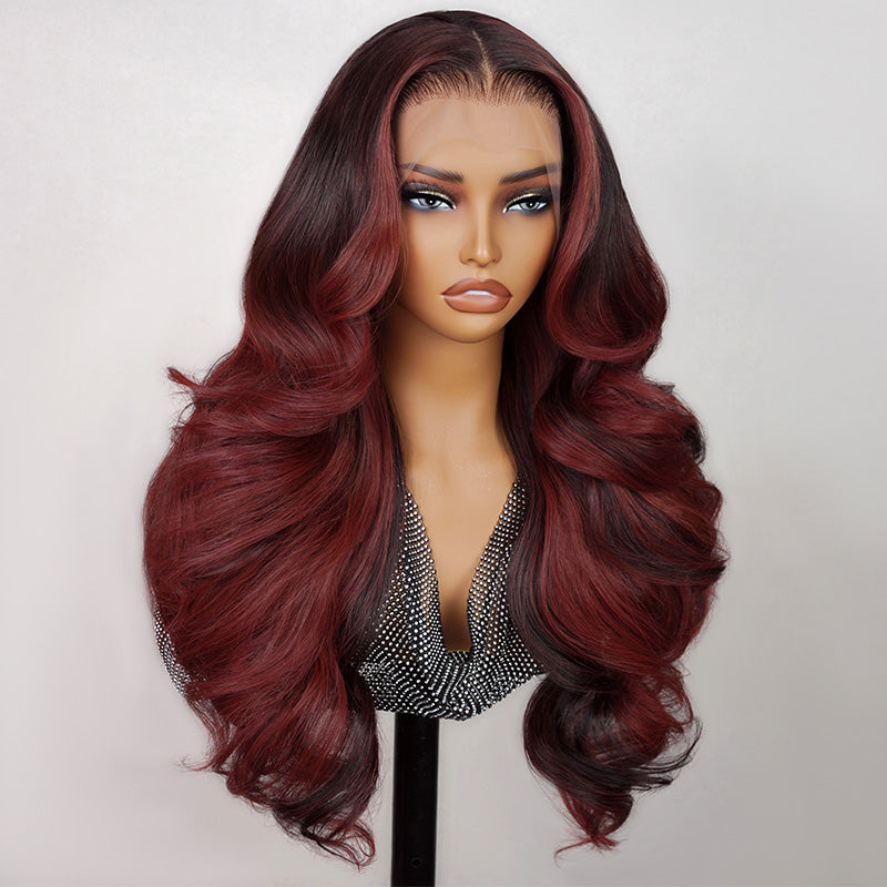 Megalook 13x4 Pré-tout Sans colle Rouge Balayage Vague de corps lâche Nœuds invisibles Bonnet respirant