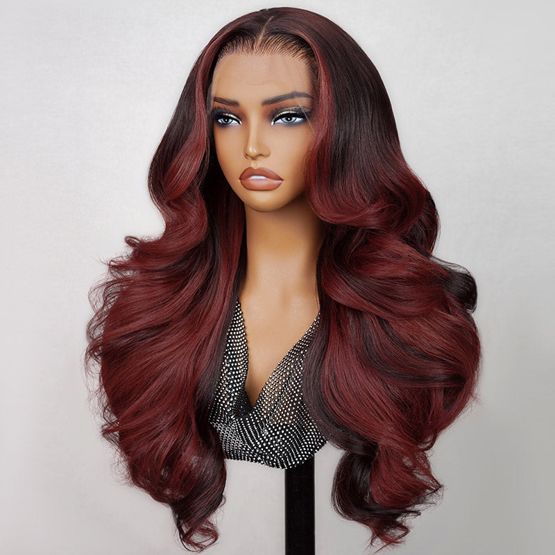 Megalook 13x4 Pré-tout Sans colle Rouge Balayage Vague de corps lâche Nœuds invisibles Bonnet respirant