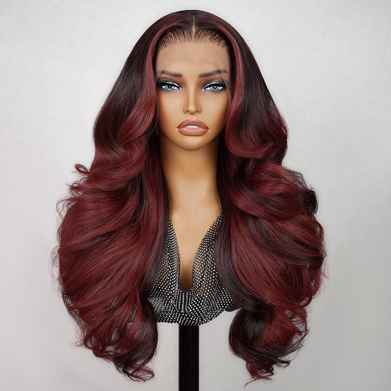 Megalook 13x4 Pré-tout Sans colle Rouge Balayage Vague de corps lâche Nœuds invisibles Bonnet respirant
