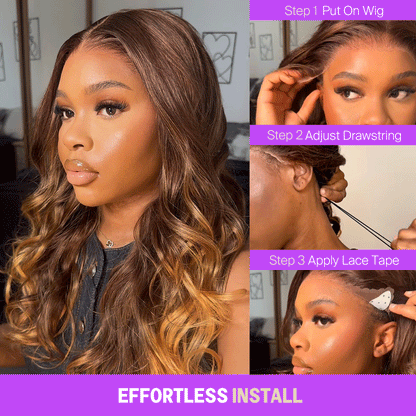 nafayah Airtouch Balayage 13x6 Three-Go™ Perruques Frontales En Dentelle Sans Colle Pull Go Ombre Brune à Blond Miel Ondes Corporelles Pré-All Perruques