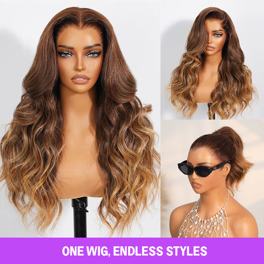 nafayah Airtouch Balayage 13x6 Three-Go™ Perruques Frontales En Dentelle Sans Colle Pull Go Ombre Brune à Blond Miel Ondes Corporelles Pré-All Perruques