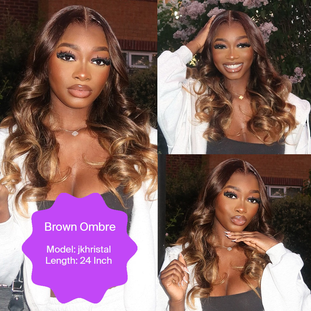 nafayah Airtouch Balayage 13x6 Three-Go™ Perruques Frontales En Dentelle Sans Colle Pull Go Ombre Brune à Blond Miel Ondes Corporelles Pré-All Perruques