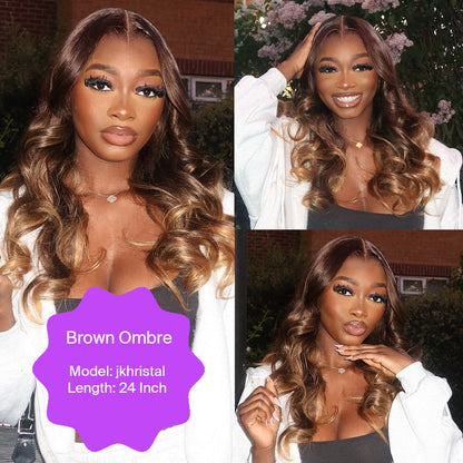 nafayah Airtouch Balayage 13x6 Three-Go™ Perruques Frontales En Dentelle Sans Colle Pull Go Ombre Brune à Blond Miel Ondes Corporelles Pré-All Perruques