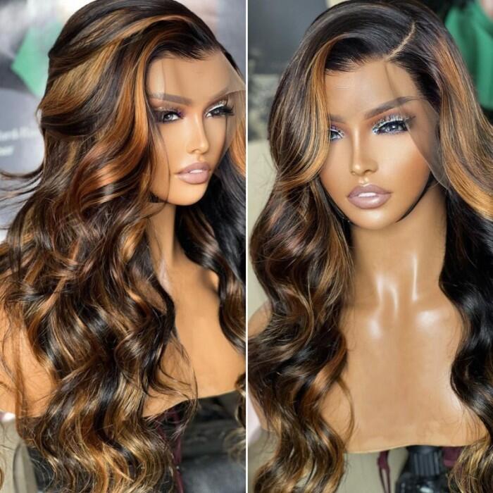 nafayah 13x4 Pré-All Sans Colle Blonde Mèches Ondes Corporelles Nœuds Invisibles 210% Densité Bords Naturels