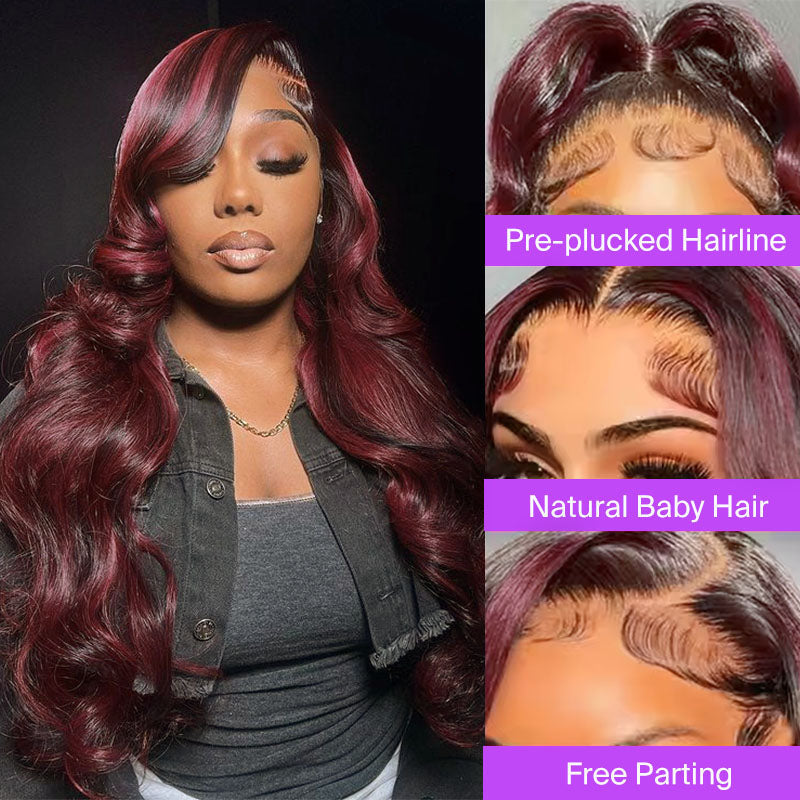 Megalook 13x4 Pré-tout Sans colle Rouge Balayage Vague de corps lâche Nœuds invisibles Bonnet respirant